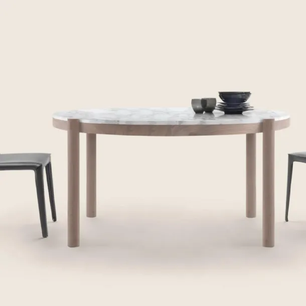 Gustav round table in white Carrara marble and solid wood by Carrara marble and solid wood by Flexform