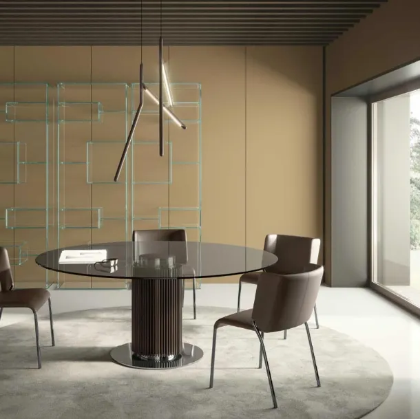 Glass table with a central base made of solid wood slats Hybrid by Tonelli