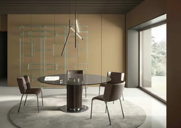 Glass table with a central base made of solid wood slats Hybrid by Tonelli