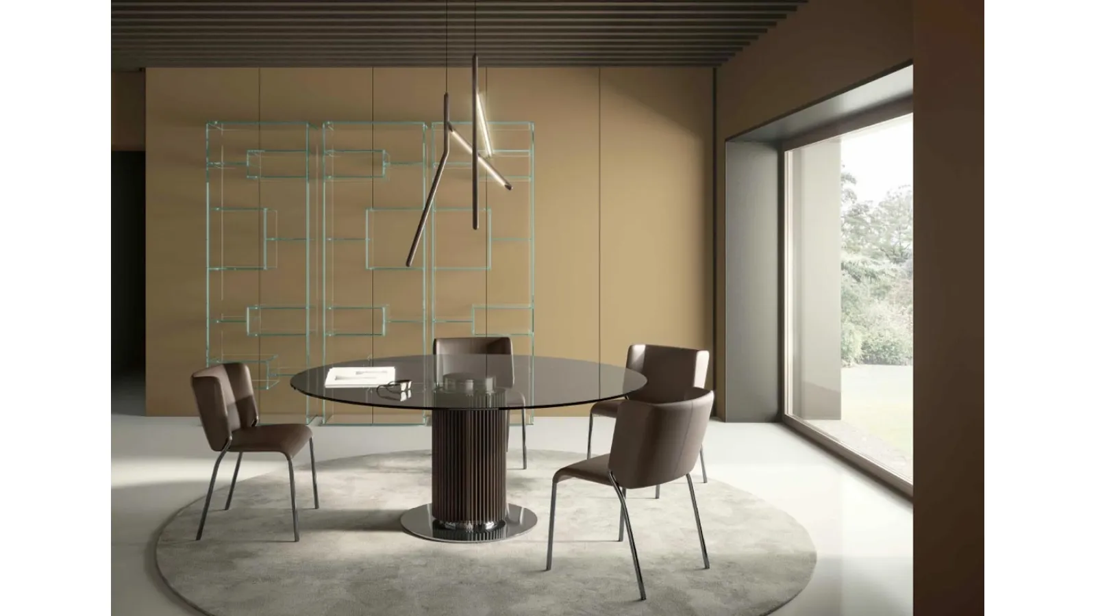 Glass table with a central base made of solid wood slats Hybrid by Tonelli
