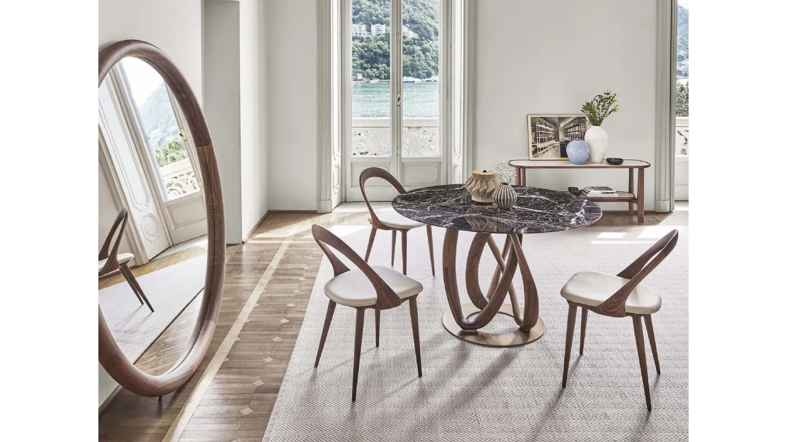 Round table with marble top and solid wood base Infinity by Porada