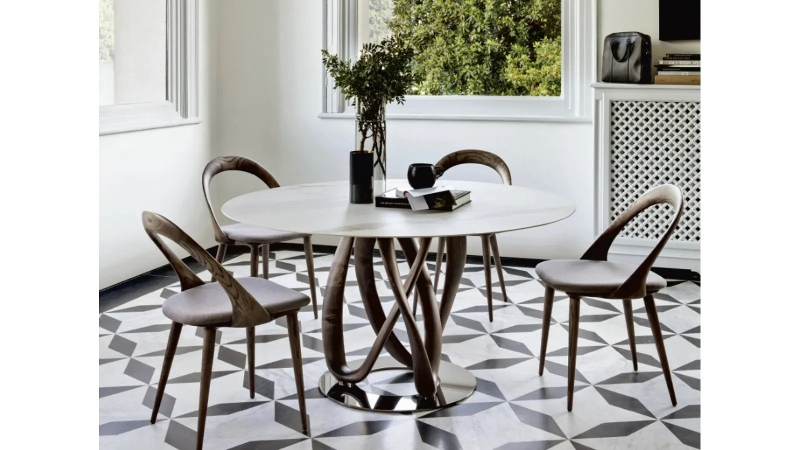 Round table with marble top and solid wood base Infinity by Porada