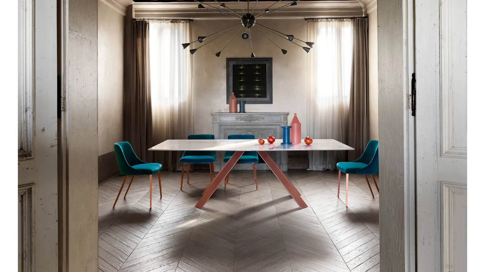 Ki Table with ceramic top and painted metal base by Ronda Design