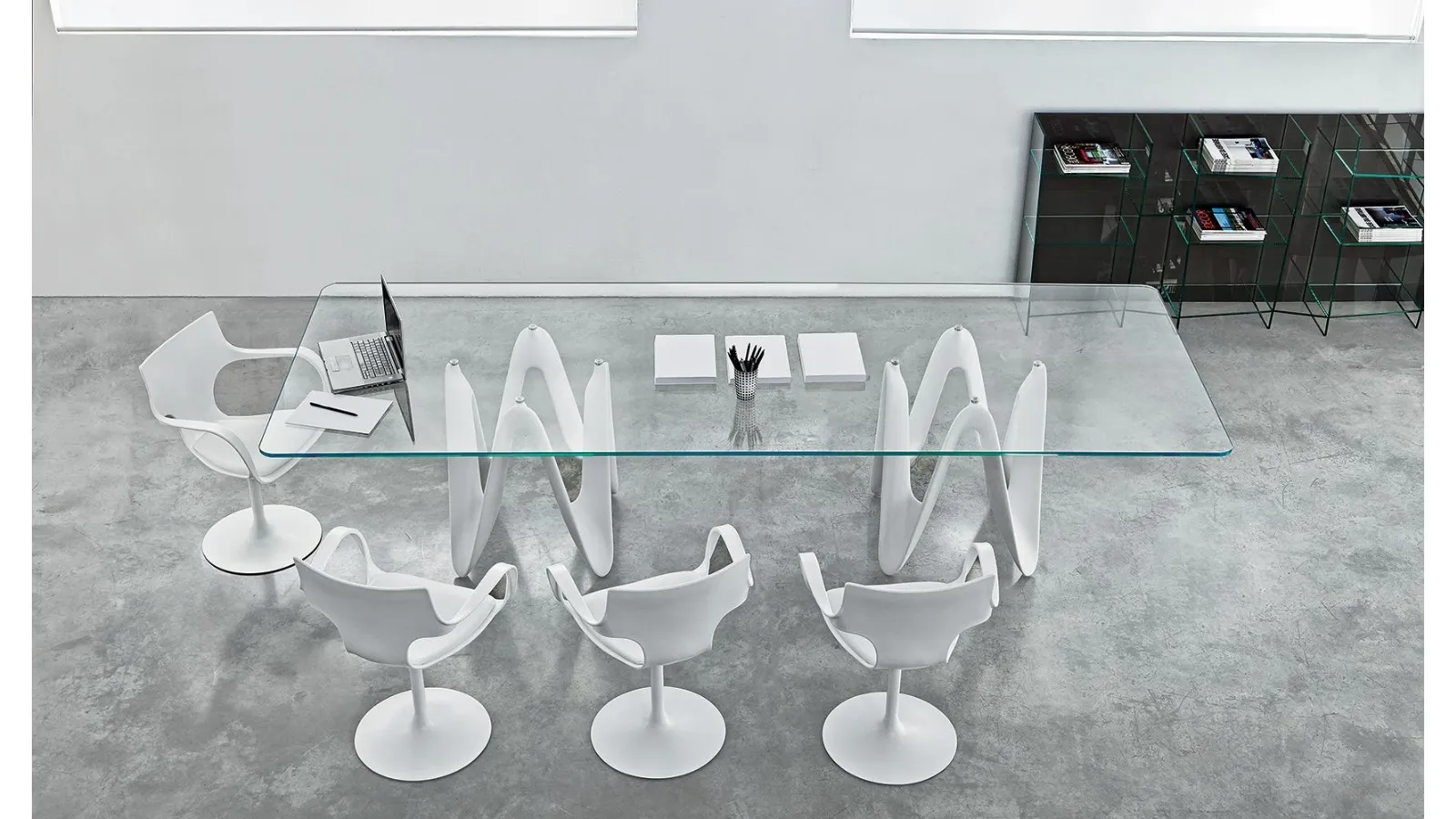Lambda Table with double base and glass and Cristalplant top by Sovet