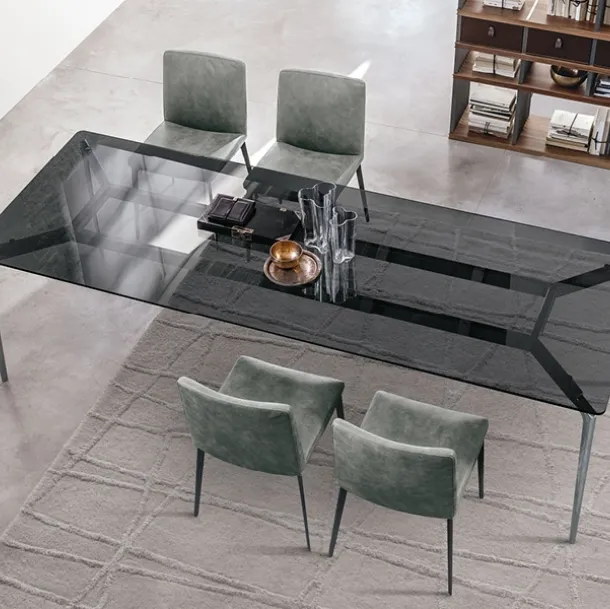 Liuto Table with smoked glass top and chrome-plated aluminum cast legs by Alivar