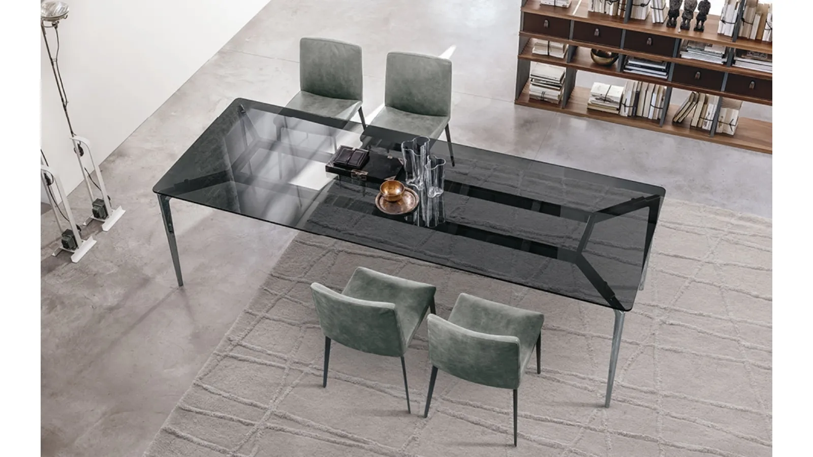 Liuto Table with smoked glass top and chrome-plated aluminum cast legs by Alivar