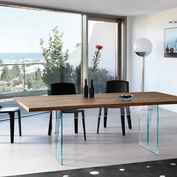 LLT Wood Table with Old Oak Top and Transparent Fiam Glass Base