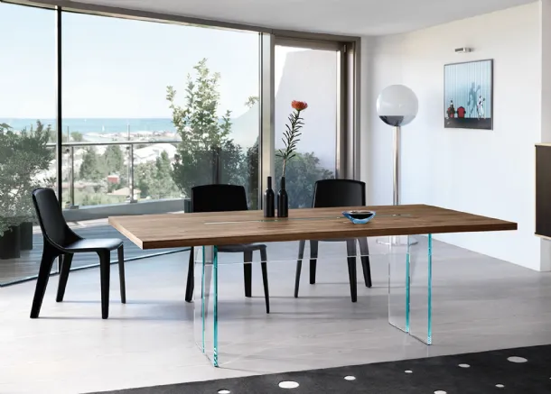LLT Wood Table with Old Oak Top and Transparent Fiam Glass Base