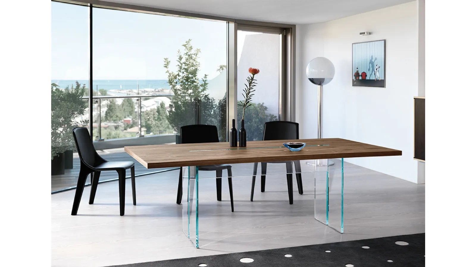 LLT Wood Table with Old Oak Top and Transparent Fiam Glass Base