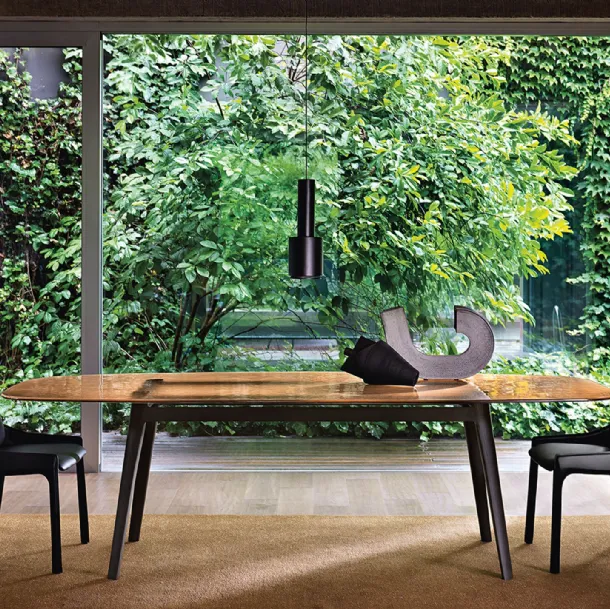 Magma Table with back-painted glass top and solid wood base by Fiam