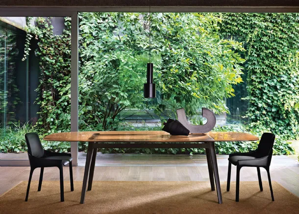Magma Table with back-painted glass top and solid wood base by Fiam