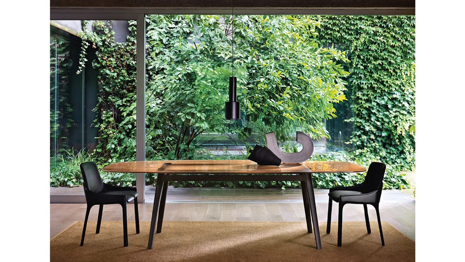 Magma Table with back-painted glass top and solid wood base by Fiam
