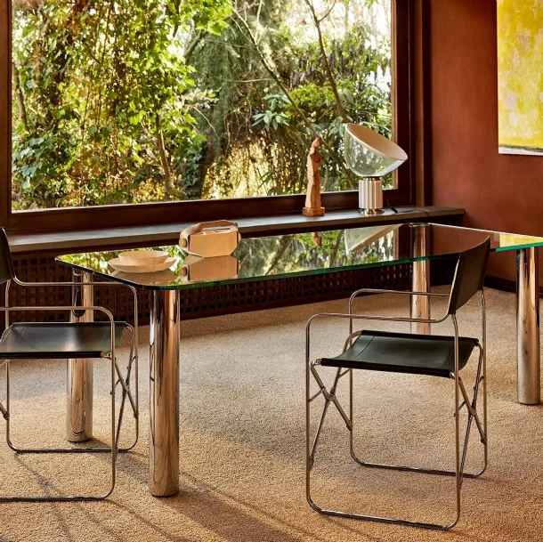 Marcuso 2530-2532 rectangular table with glass top and steel legs by Zanotta