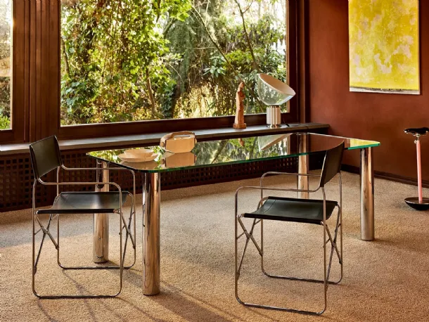 Marcuso 2530-2532 rectangular table with glass top and steel legs by Zanotta