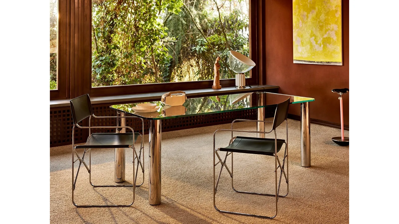 Marcuso 2530-2532 rectangular table with glass top and steel legs by Zanotta