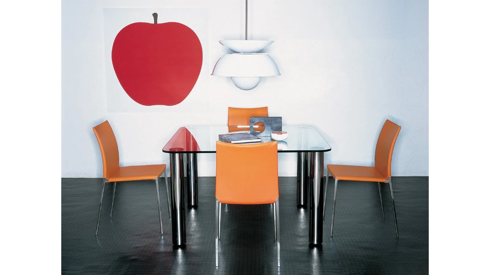 Marcuso 2530-2532 square table with glass top and steel legs by Zanotta