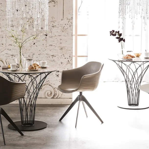 Round table with ceramic top Marmi and woven steel base Nido Keramik Bistrò by Cattelan Italia