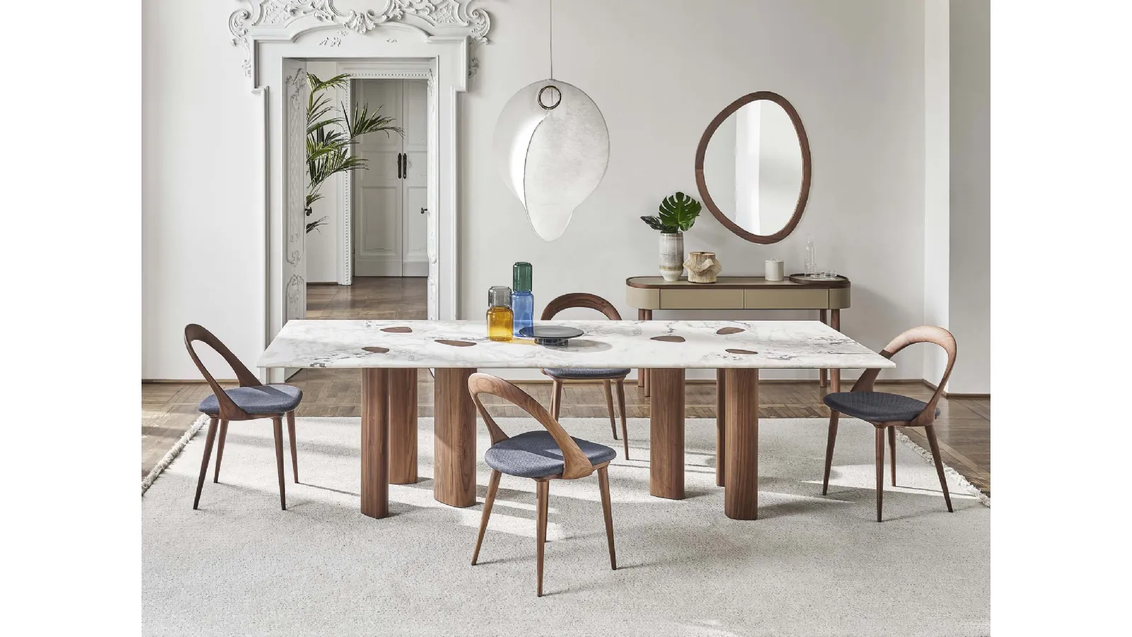 Oswood Table with marble top and wooden base by Porada