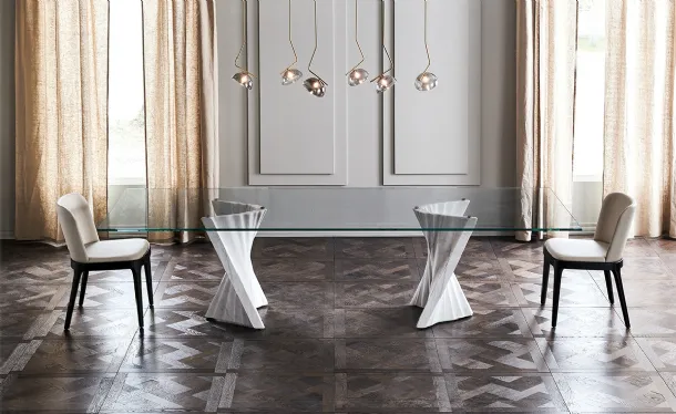Plisset Table with glass top and Palissandro marble bases by Cattelan Italia