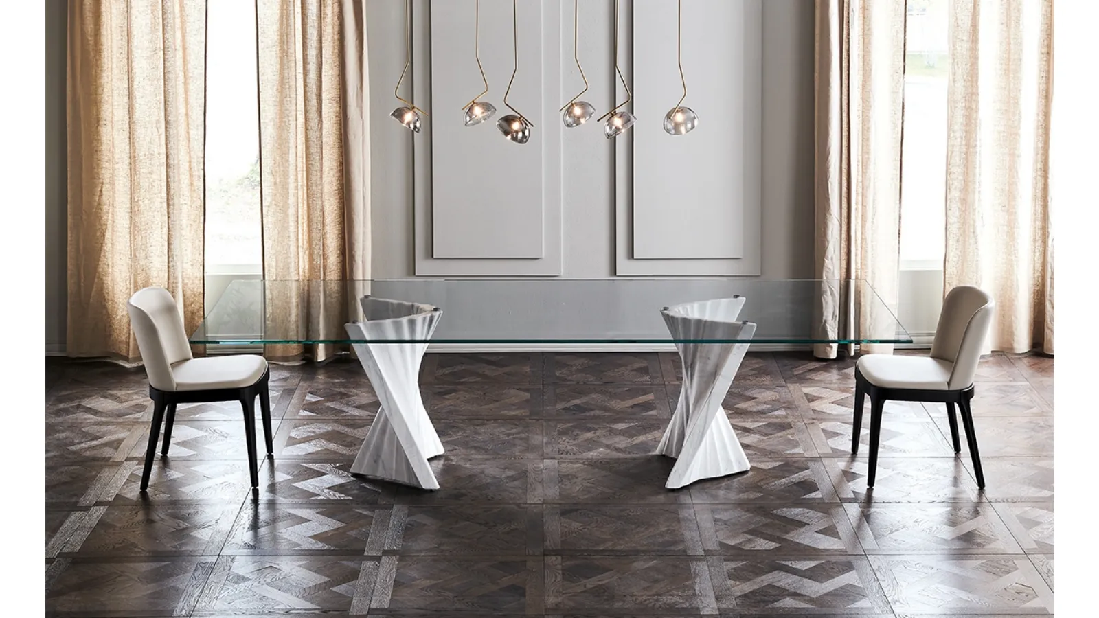 Plisset Table with glass top and Palissandro marble bases by Cattelan Italia