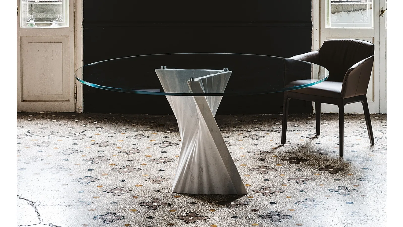 Plisset Table with round glass top and Palissandro marble base by Cattelan Italia
