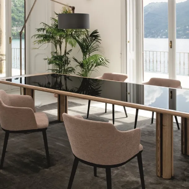 Quadrifoglio Table in wood with back-painted glass top by Porada