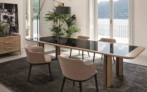 Quadrifoglio Table in wood with back-painted glass top by Porada