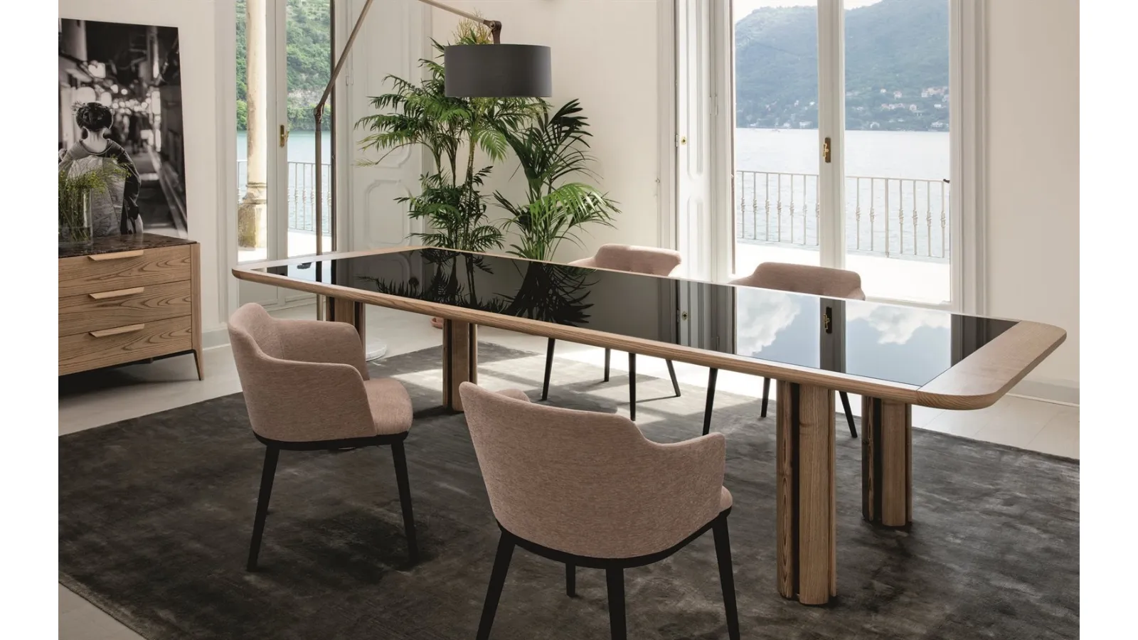 Quadrifoglio Table in wood with back-painted glass top by Porada
