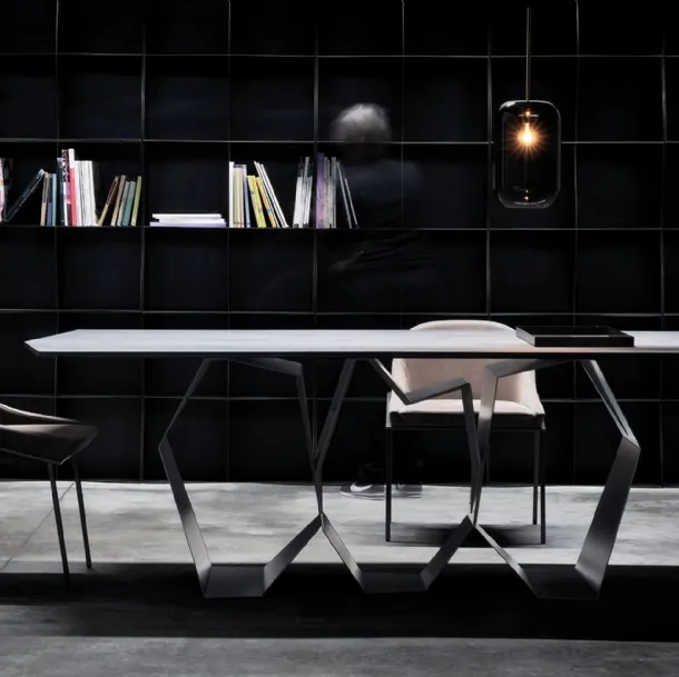 Quasimodo design table with irregular-shaped ceramic top and metal base by Ronda Design