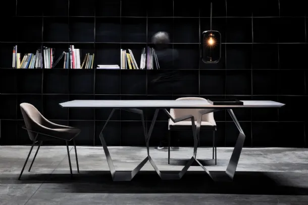 Quasimodo design table with irregular-shaped ceramic top and metal base by Ronda Design