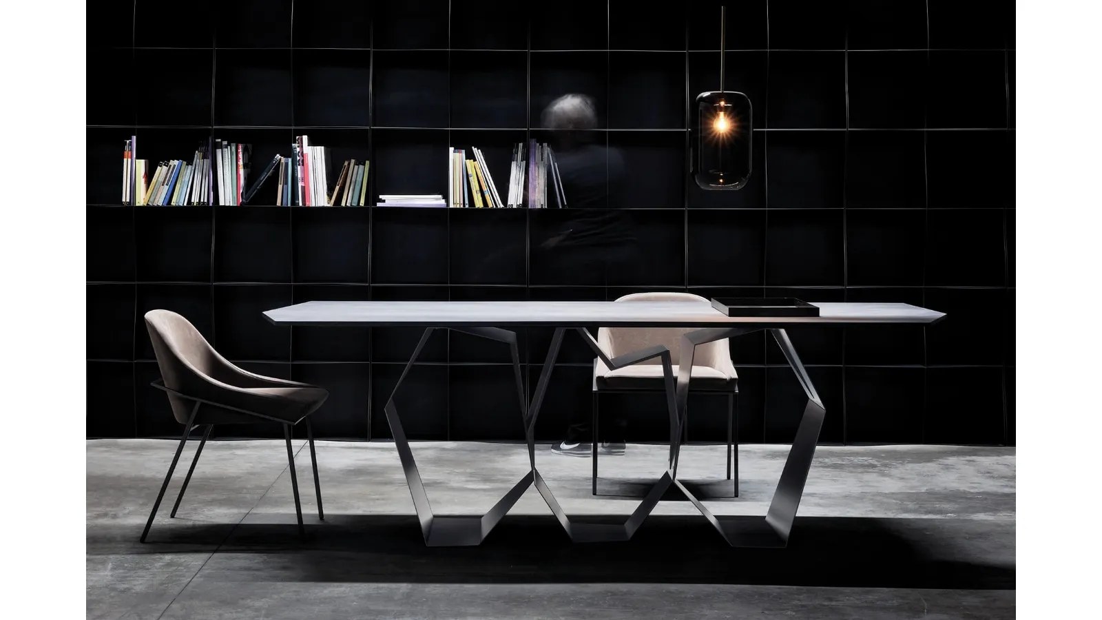 Quasimodo design table with irregular-shaped ceramic top and metal base by Ronda Design