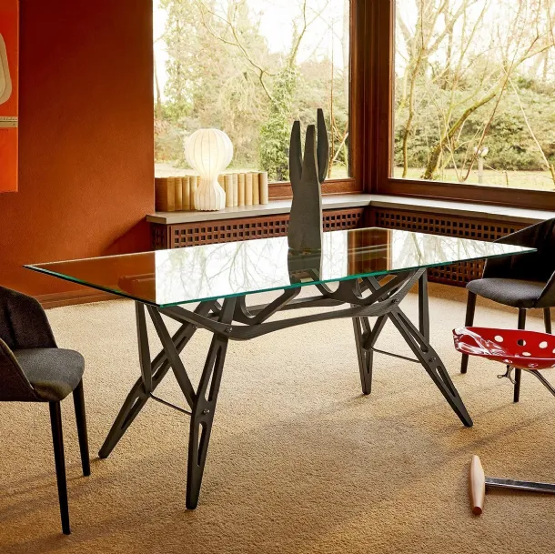 Table with crystal top and Reale oak base by Zanotta