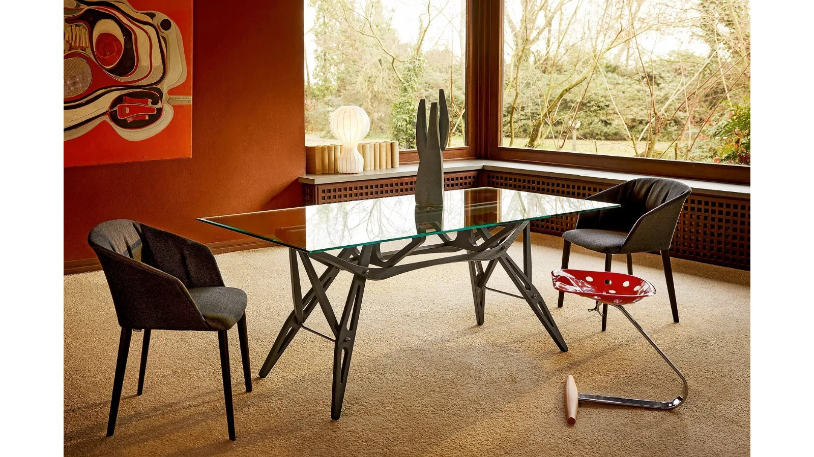 Table with crystal top and Reale oak base by Zanotta