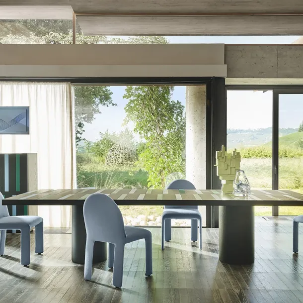 Wooden panelled table with Riga-Riga crystal inserts by Zanotta