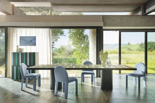 Wooden panelled table with Riga-Riga crystal inserts by Zanotta