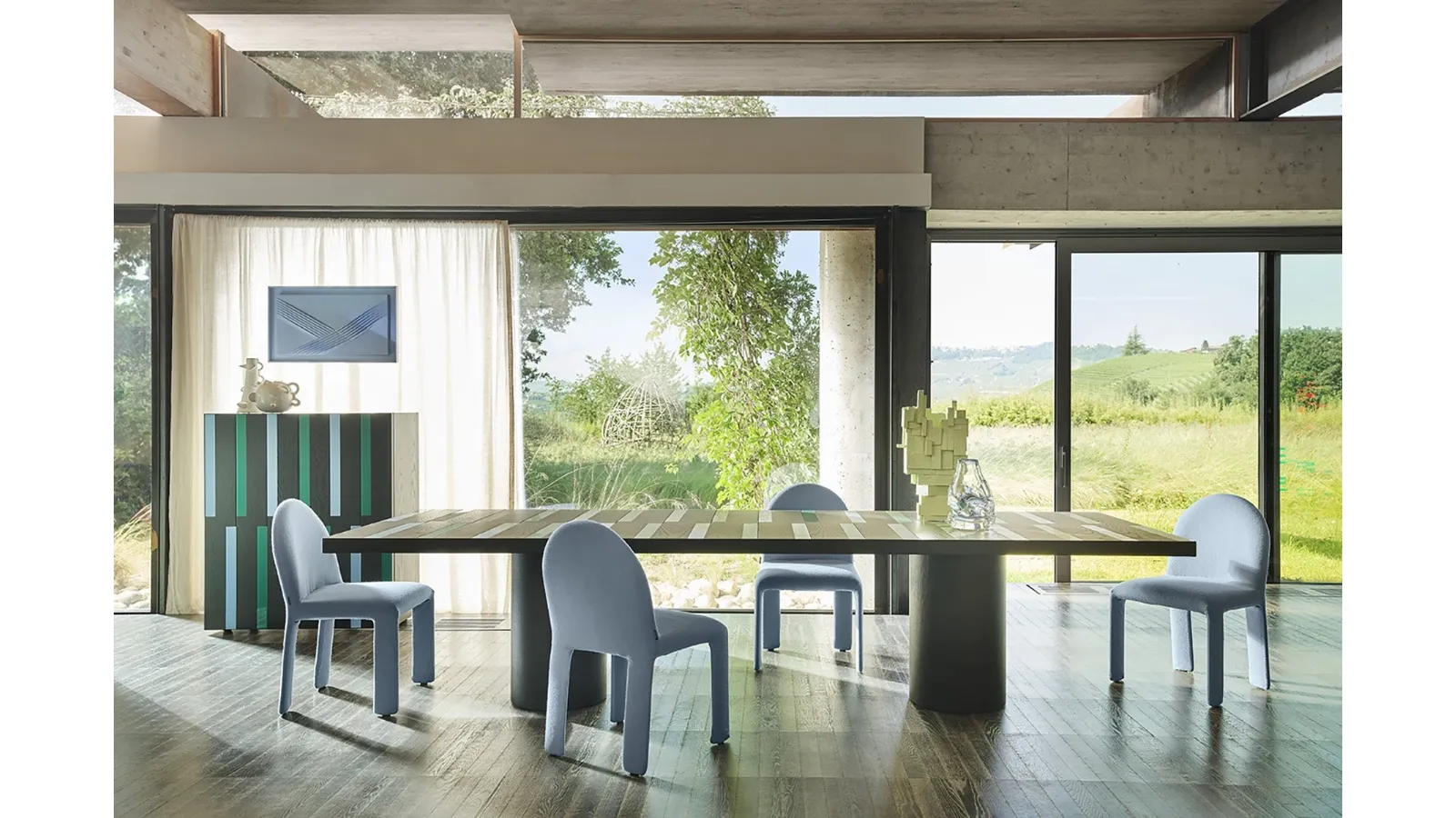 Wooden panelled table with Riga-Riga crystal inserts by Zanotta