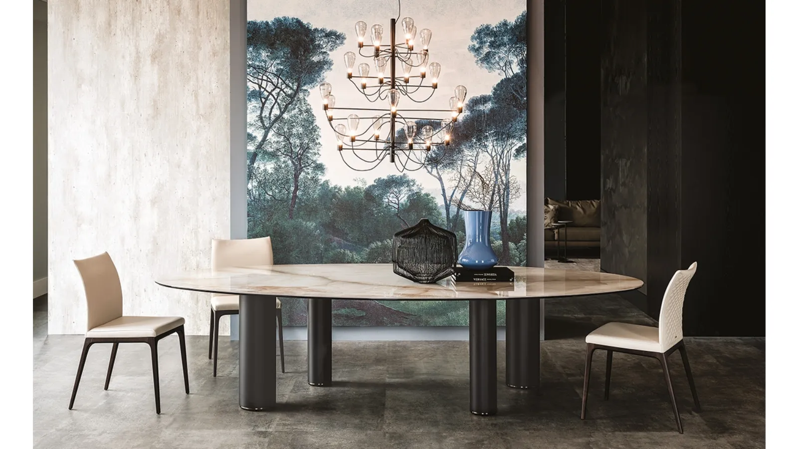 Table with titanium-painted steel legs and an oval ceramic top by Roll Keramik from Cattelan Italia