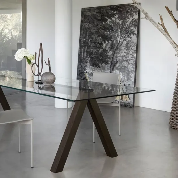 Rectangular table with transparent glass top and base in heat-treated Ash stained Oak Sesto di Lema