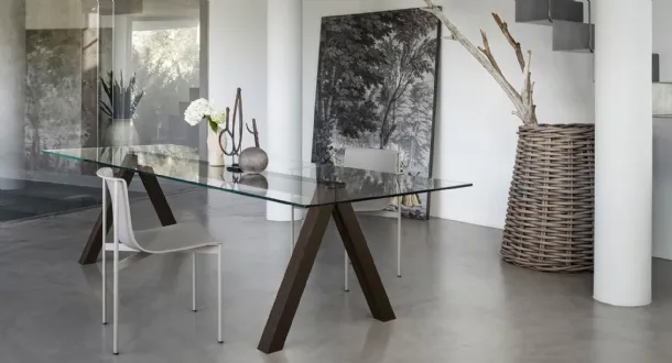 Rectangular table with transparent glass top and base in heat-treated Ash stained Oak Sesto di Lema