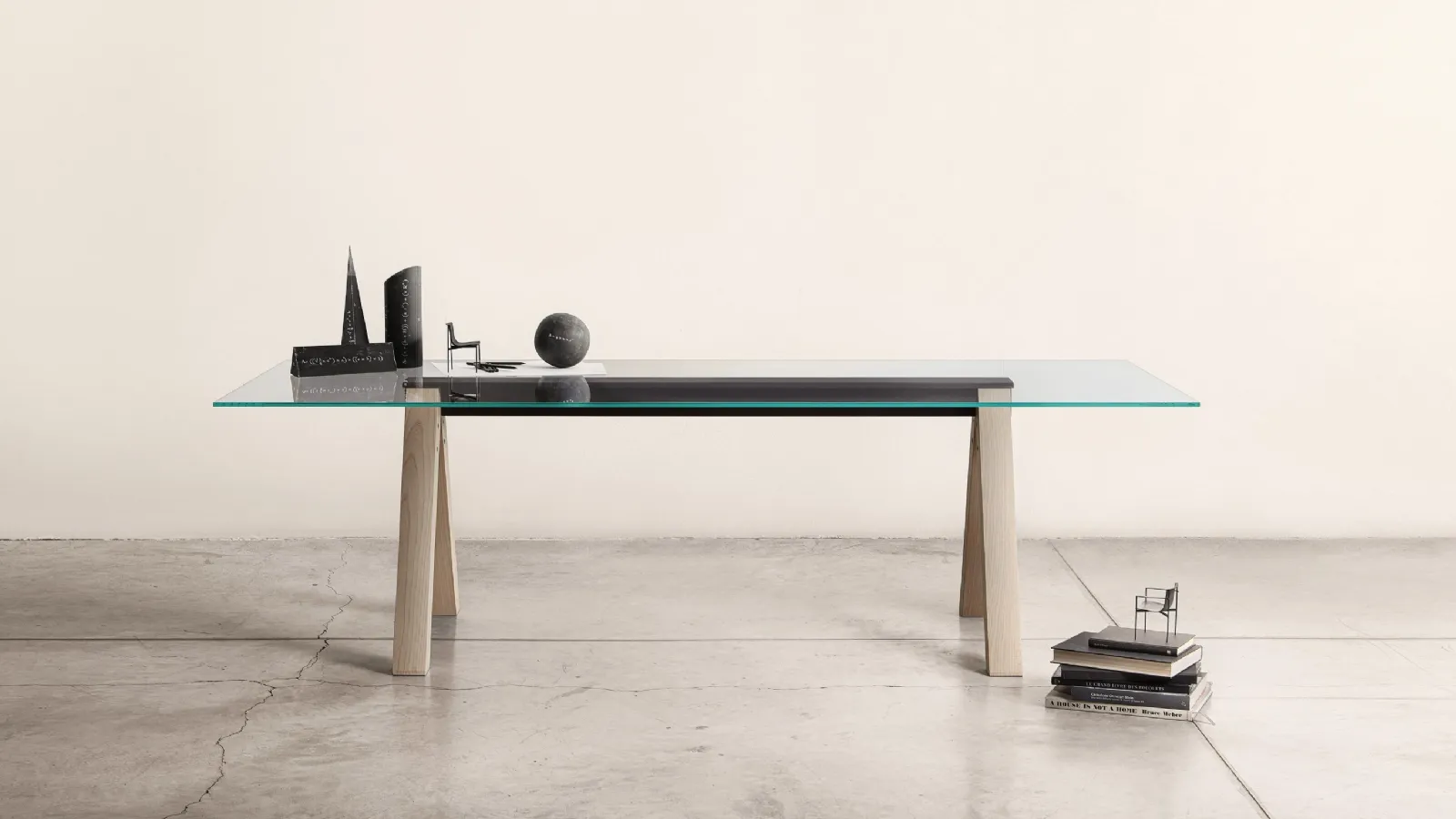 Rectangular table with transparent glass top and base in heat-treated ash stained oak Sesto di Lema