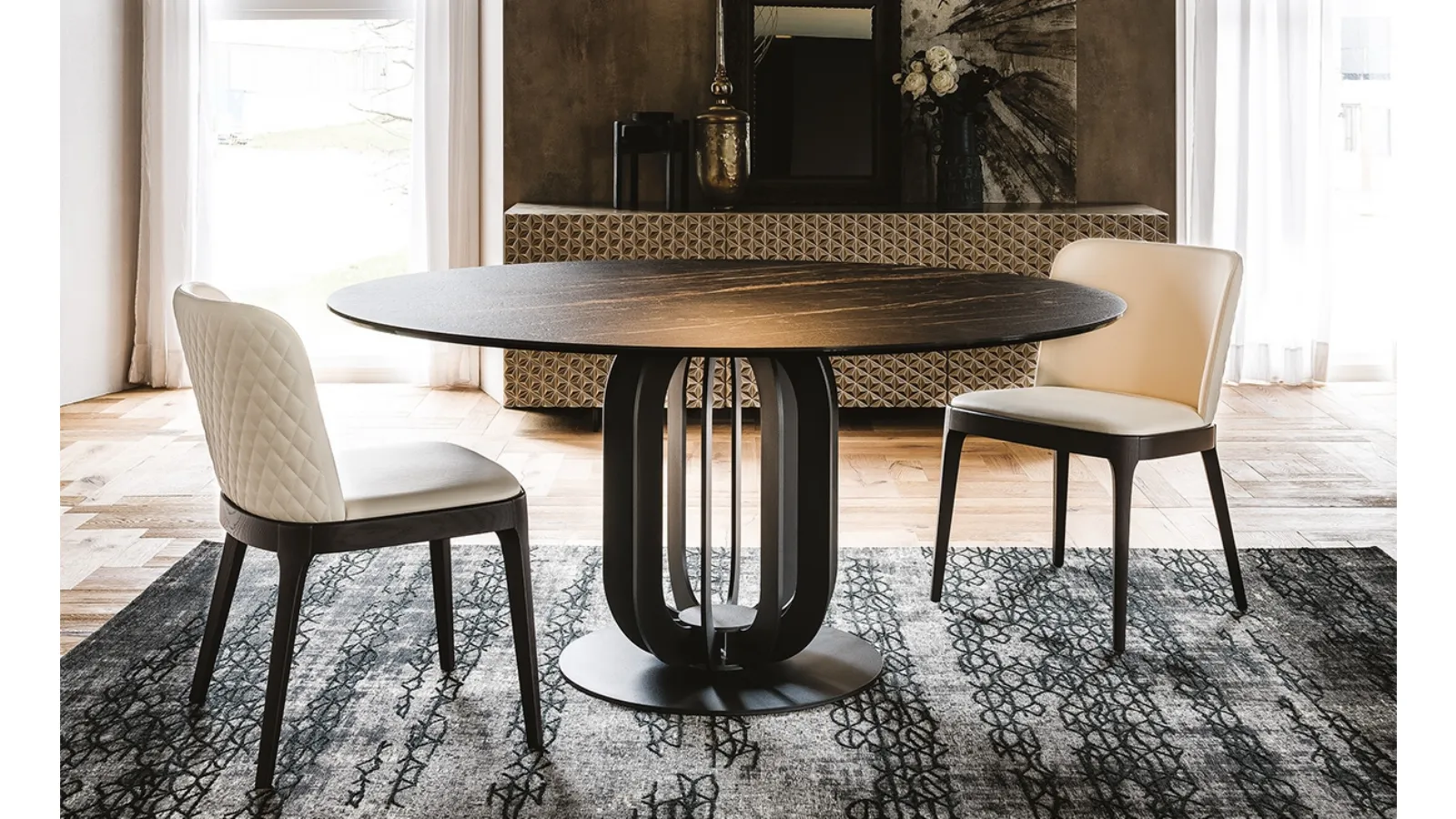 Round table with metal base and Soho Keramik ceramic top by Cattelan Italia