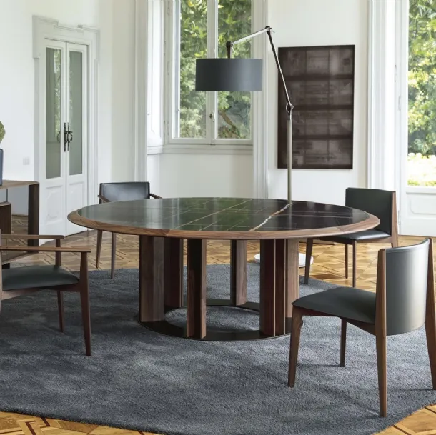 Round table with marble top and solid Canaletto walnut base by Porada