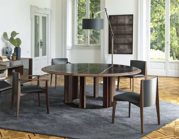 Round table with marble top and solid Canaletto walnut base by Porada