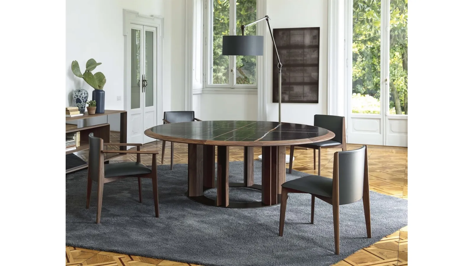 Round table with marble top and solid Canaletto walnut base by Porada