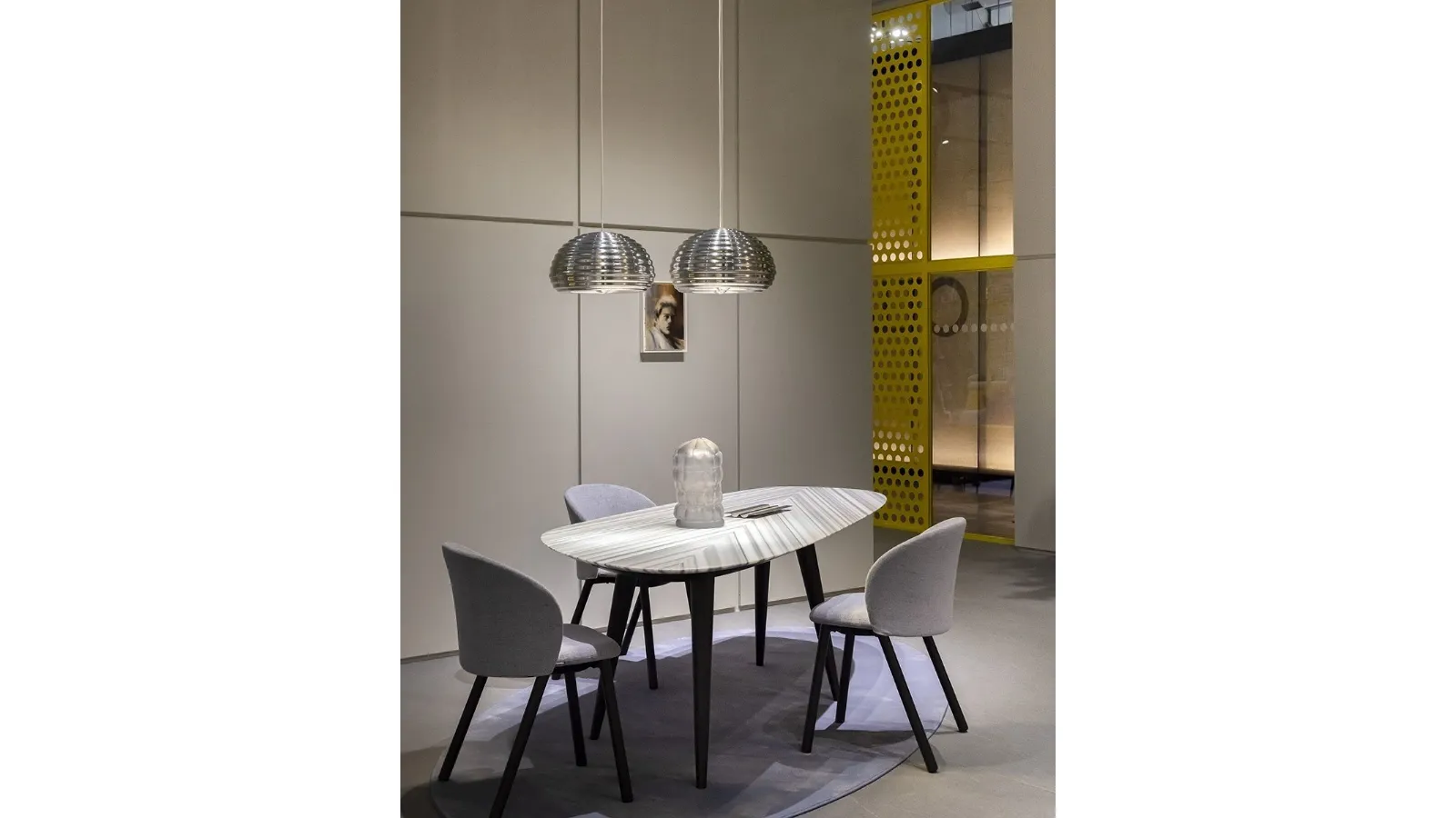 Tweed Marble Table with Olympic striped marble top and steel base by Zanotta