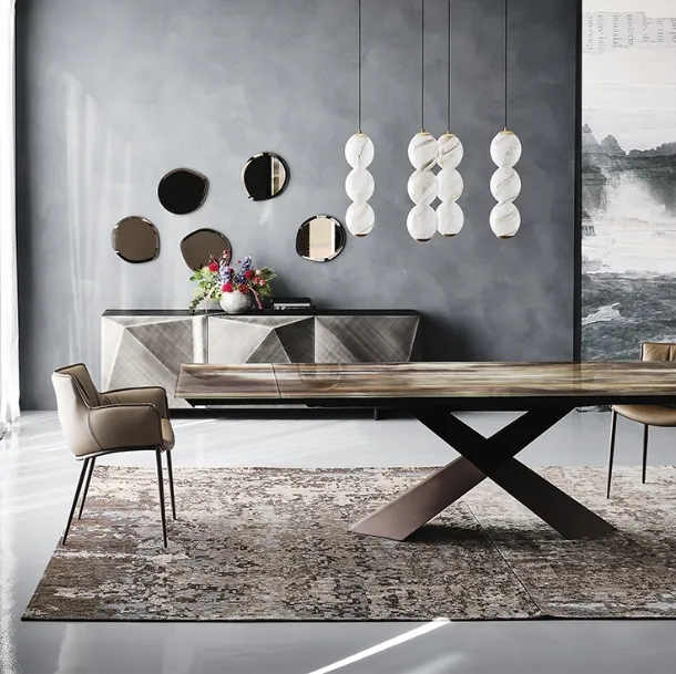 Extendable glass table with Tyron Cristalart Drive artistic print by Cattelan Italia