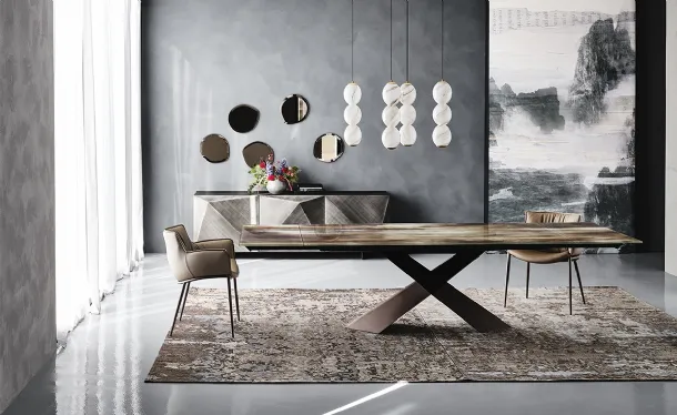 Extendable glass table with Tyron Cristalart Drive artistic print by Cattelan Italia