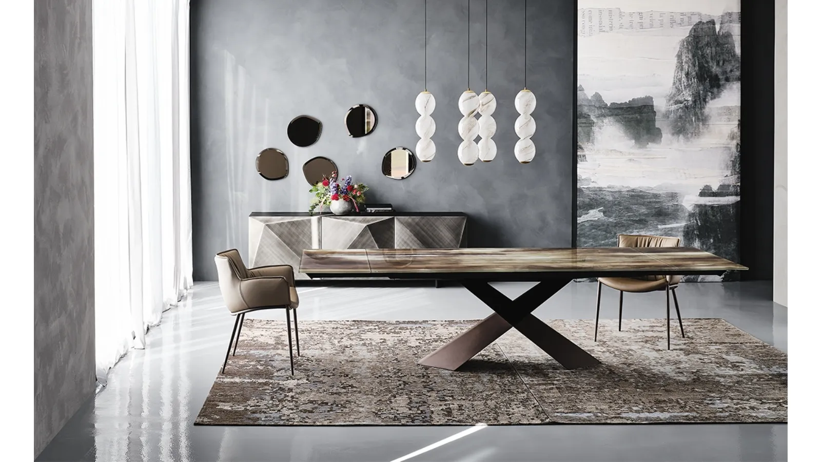Extendable glass table with Tyron Cristalart Drive artistic print by Cattelan Italia