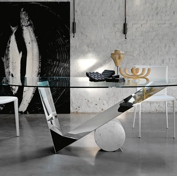 Glass table with polished Inox steel base Valentinox by Cattelan Italia