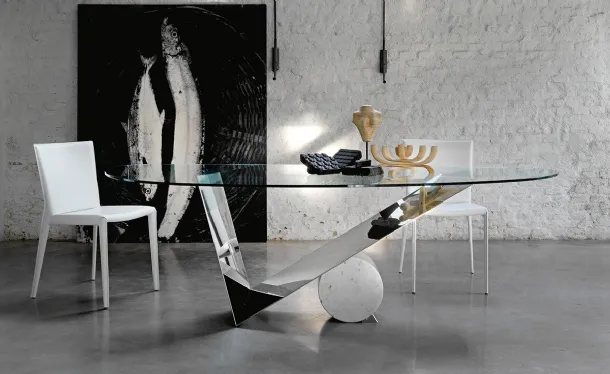 Glass table with polished Inox steel base Valentinox by Cattelan Italia
